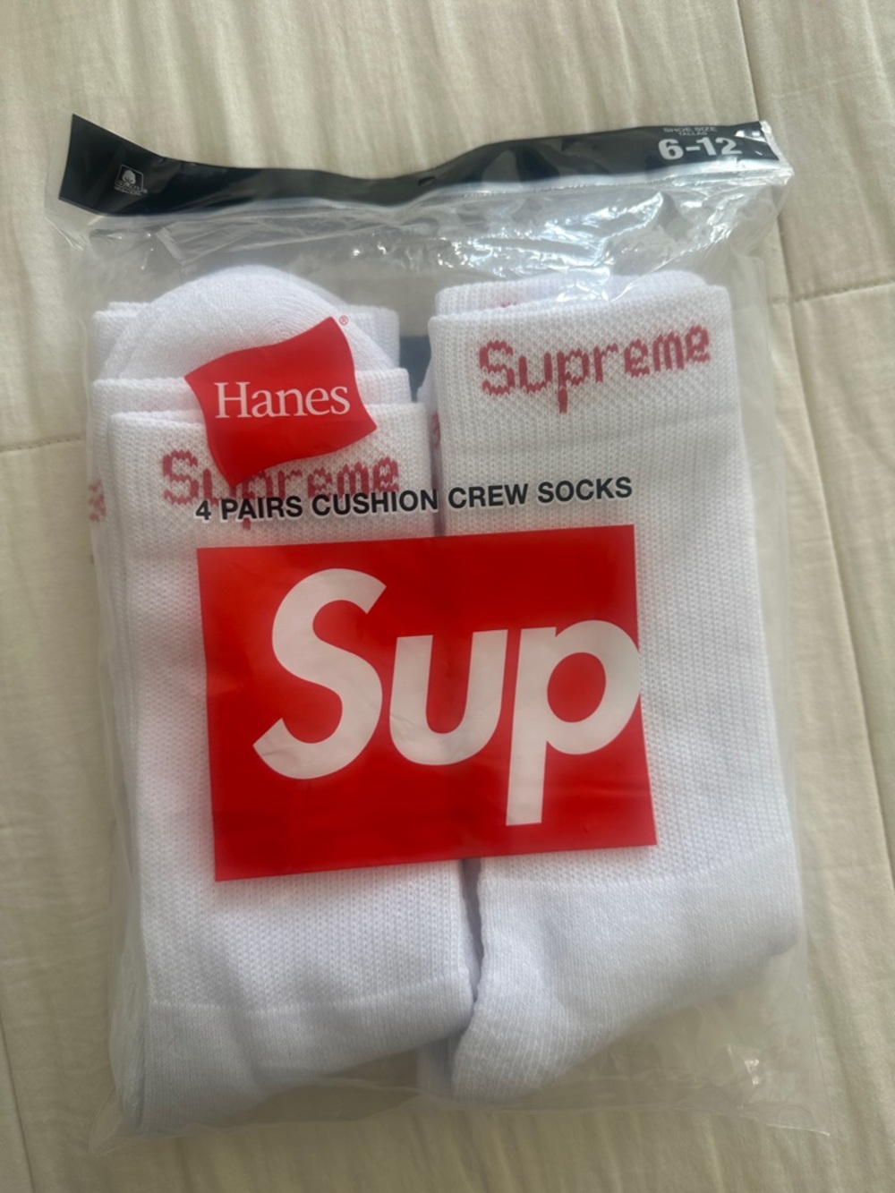 Hanes White Crew Socks with Red Supreme Logo - 4 Pairs